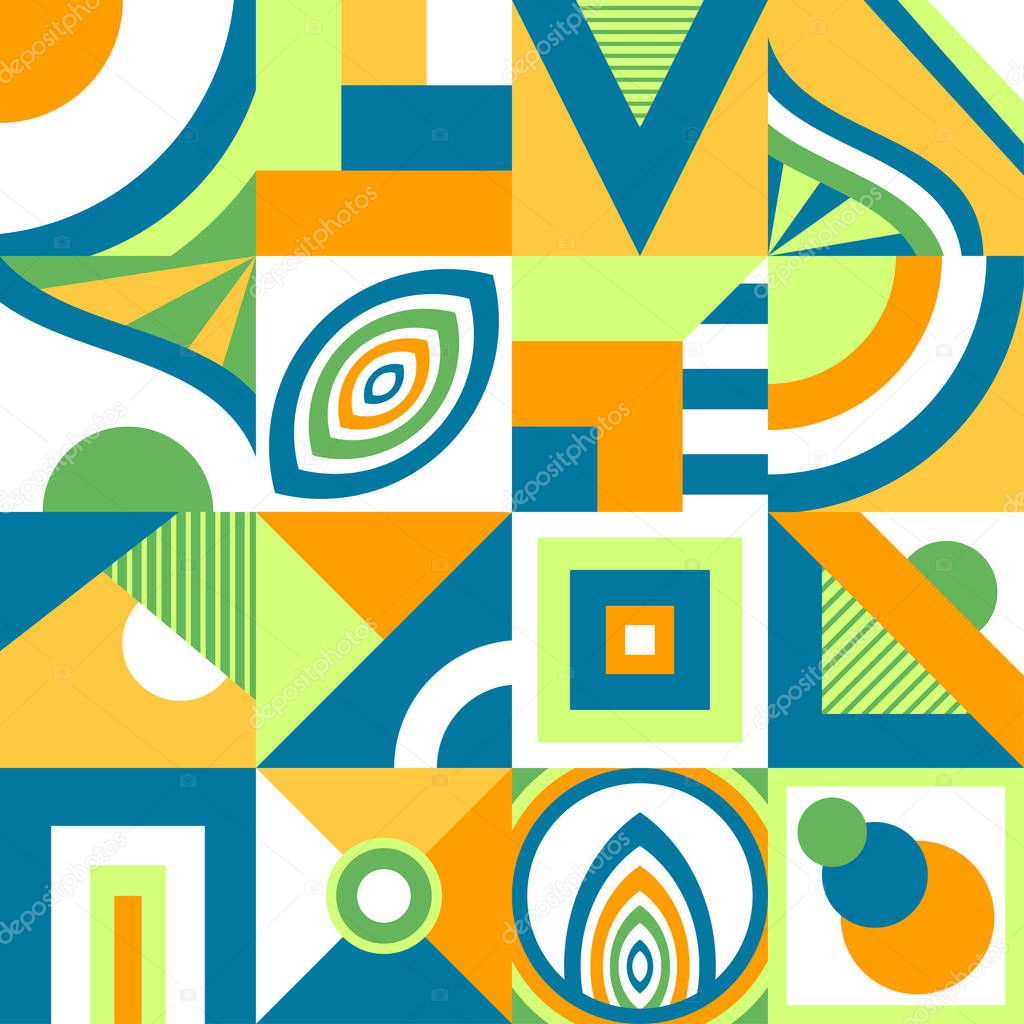 Abstract seamless pattern in Memphis or  mosaic or  in primitive geometric shape or in stained glass windows  style in blue green orange for decoration trend modern things