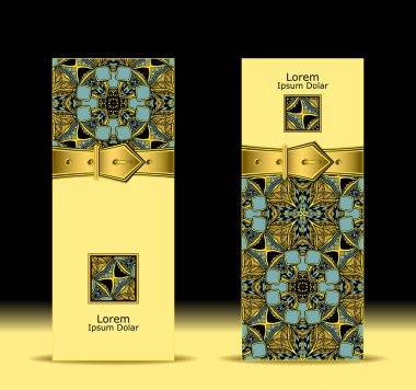 Şablon el ilanları veya kayış ve Arapça desen ile banner veya ziyaret edilen kart ve diğer şeyler için kozmetik parfüm altın mavi renklerde ayarla