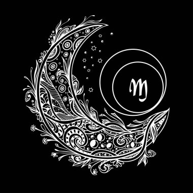 Siyah üzerine beyaz dekoratif ay veya Hilal ile monogram. Sembol Magic veya ezoterik ya da harikalar ya da büyü. Dekorasyon farklı şeyler için