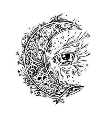 Dekoratif ay veya Hilal göz siyah beyaz. Sembol Magic veya ezoterik ya da harikalar ya da büyü. Dövme için veya yetişkin dinlenmek için boyama kitabı ve sayfa veya dekorasyon farklı şeyler için