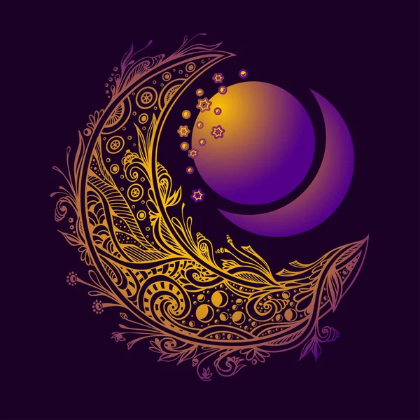 Анотація Декоративними Місяця Або Півмісяць Сфери Бузку Фіолетовий Золота Символ — стоковий вектор