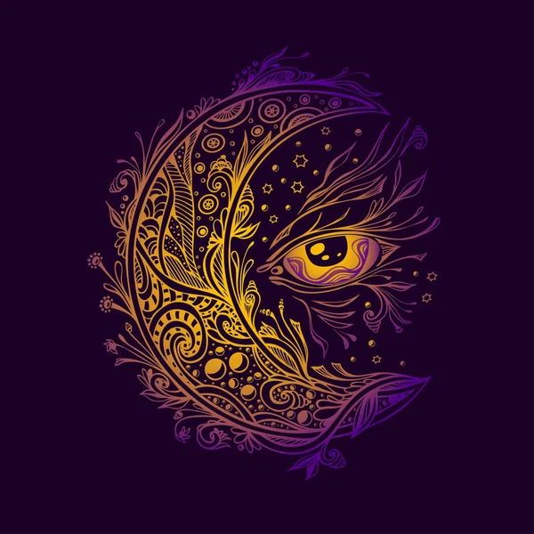 Luna Decorativa Mezzaluna Con Occhio Oro Viola Lilla Simbolo Magia — Vettoriale Stock