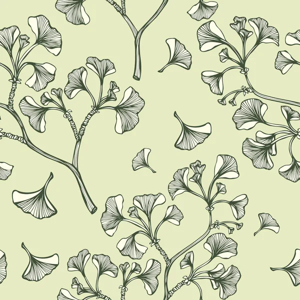 イチョウ葉支店ブラック ホワイト グレー薬用植物や植物のイラストをテーマにテンプレートまたは装飾の異なった事のためのシームレス パターン — ストックベクタ