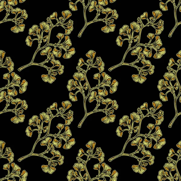 Seamless Pattern Ginkgo Biloba Branch Glitter Effect Gold Black Decoration — Stock Vector