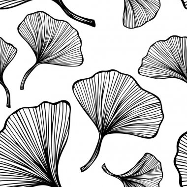 Duvar kağıdı için beyaz arka plan üzerinde çizgi sanat tarzı siyah yaprakları ile Güzel Dikişsiz desen veya tekstil moda perdelik giysiler için ya da dekorasyon paketi veya diğer şeyler için