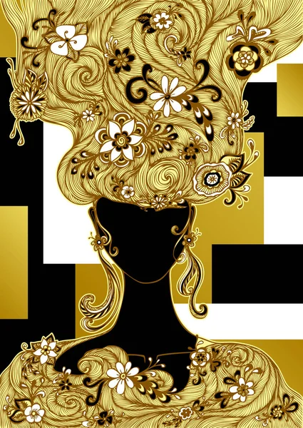 Volantino Modello Pacchetto Poster Con Ragazza Fiori Capelli Oro Sfondo — Vettoriale Stock