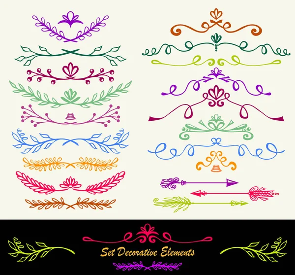 Πολλές Διαφορετικές Χέρι Ζωγραφισμένα Μελάνι Στολίδι Floral Πολύχρωμα Διαχωριστικά Κλαδιά — Διανυσματικό Αρχείο
