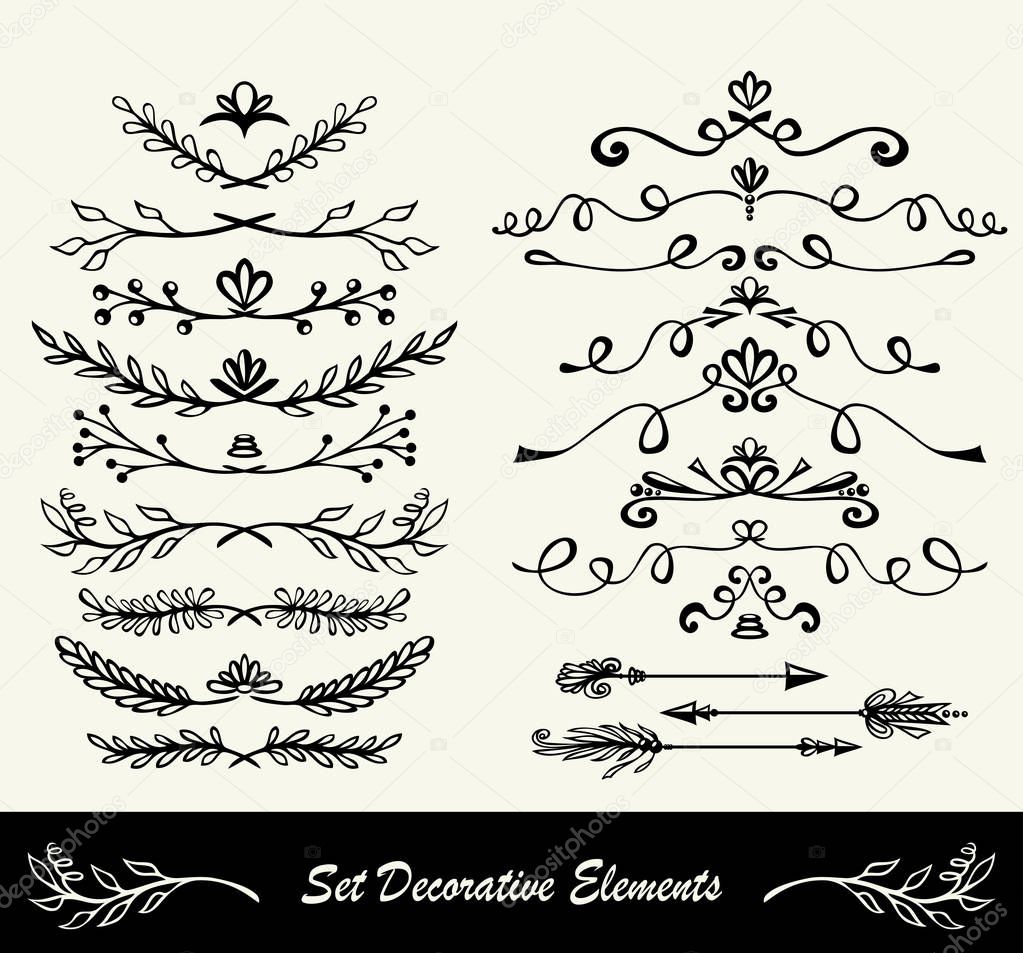 Many different hand drawn ink ornament floral dividers branches flowers arrows in Victorian and doodles style black on white. Isolated decorative icons set. Vector 