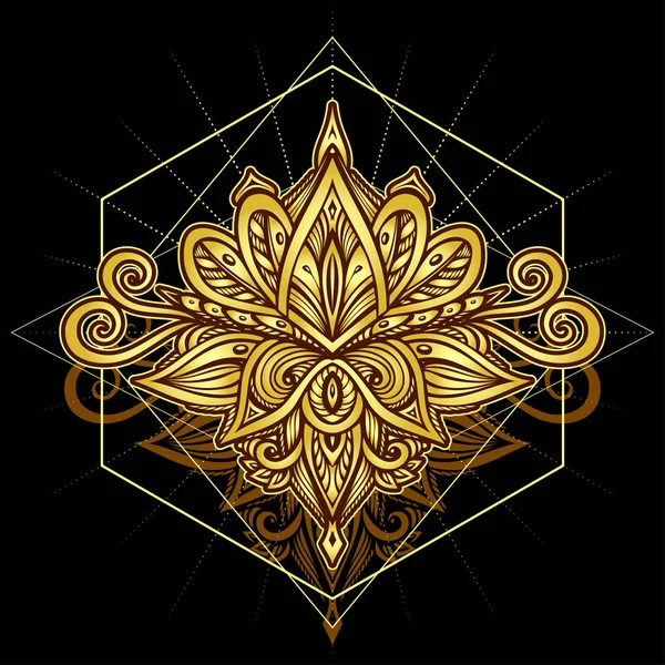 抽象符号在博霍印度亚洲民族风格黄金黑色装饰T恤或包装香水或茶和其他东西 — 图库矢量图片