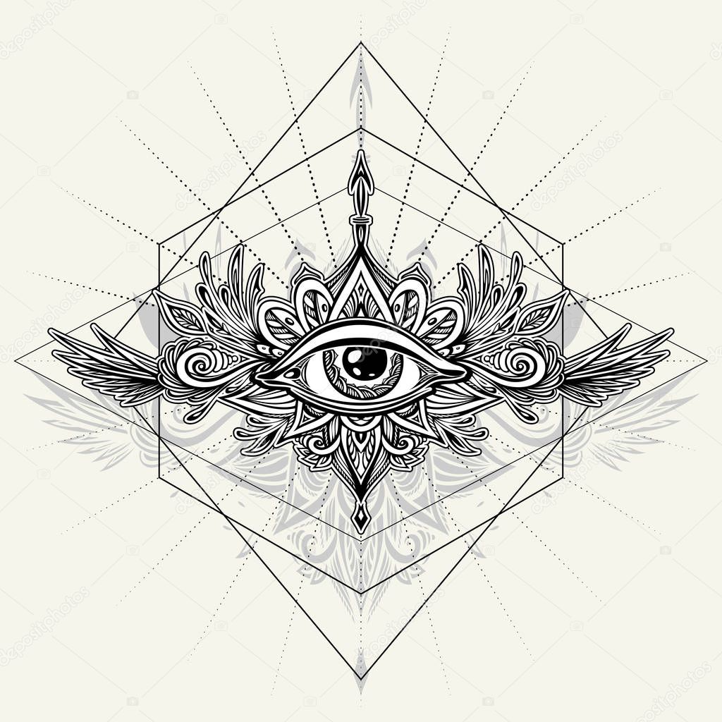 Abstract symbol of All-seeing Eye in Boho  Indian Asian Ethnic style for tattoo black on white for decoration T-shirt or for coloring page or adult coloring book. Concept magic occultism Esoteric