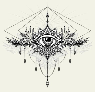 Dekorasyon T-shirt veya boyama sayfası veya yetişkin boyama kitabı için beyaz dövme siyah için Boho Hint Asya Etnik tarzı All-seeing Eye Soyut sembolü. Kavram sihirli okültizm Ezoterik