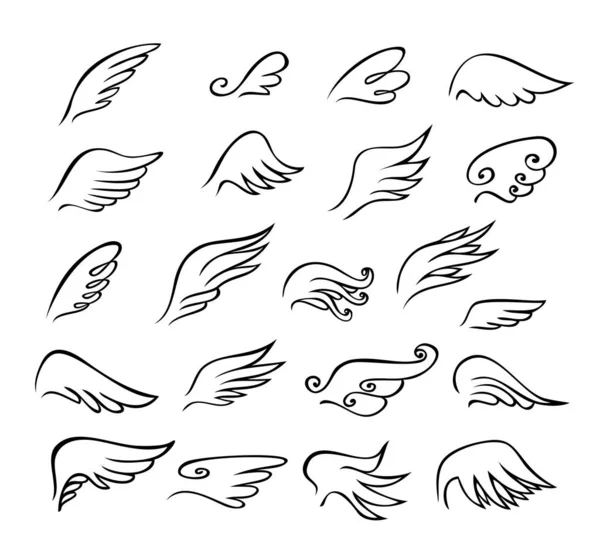 黒と白のラインアート落書きスタイルで抽象的な翼の鳥や天使や他のセット — ストックベクタ