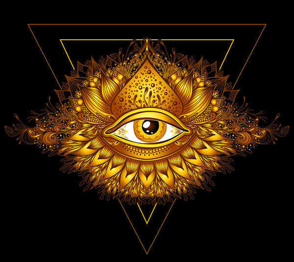 Abstract symbol of All-seeing Eye in Boho Eastern  Ethnic style gold on black for decoration T-shirt or for computer game. Concept magic occultism Esoteric