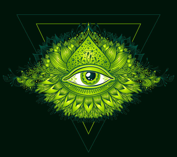 Abstract symbol of All-seeing Eye in Boho Eastern  Ethnic style green on black for decoration T-shirt or for computer game. Concept magic occultism Esoteric