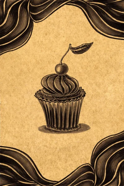 Vorlage Mit Handgezeichneter Skizze Von Cupcake Monochromen Schokoladenfarben Hergestellt Mit — Stockfoto