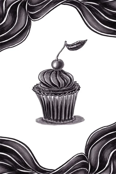 Vorlage Mit Handgezeichneter Skizze Von Cupcake Monochromen Schwarz Weiß Grauen — Stockfoto