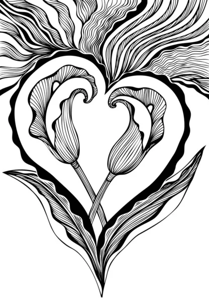 Dos Flores Abstractas Callas Forma Corazón Blanco Negro Línea Arte — Vector de stock