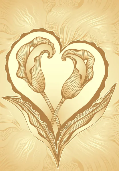 Dos Flores Abstractas Callas Forma Corazón Oro Beige Línea Arte — Vector de stock