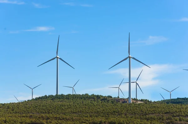 Turbiny Wiatrowe Pole Przeciw Błękitne Niebo Pochmurne Generatorów Elektrycznych Wsi — Zdjęcie stockowe