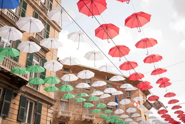 Genoa, old town: colored umbrellas decorating urban landscape (event: Euroflora 2018)