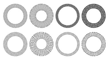 El kümesi yuvarlak çerçeve çizilmiş. Aşiret ve geomeric dekoratif tasarım öğeleri. Daire süsler. Çizilmiş küçük resim el.