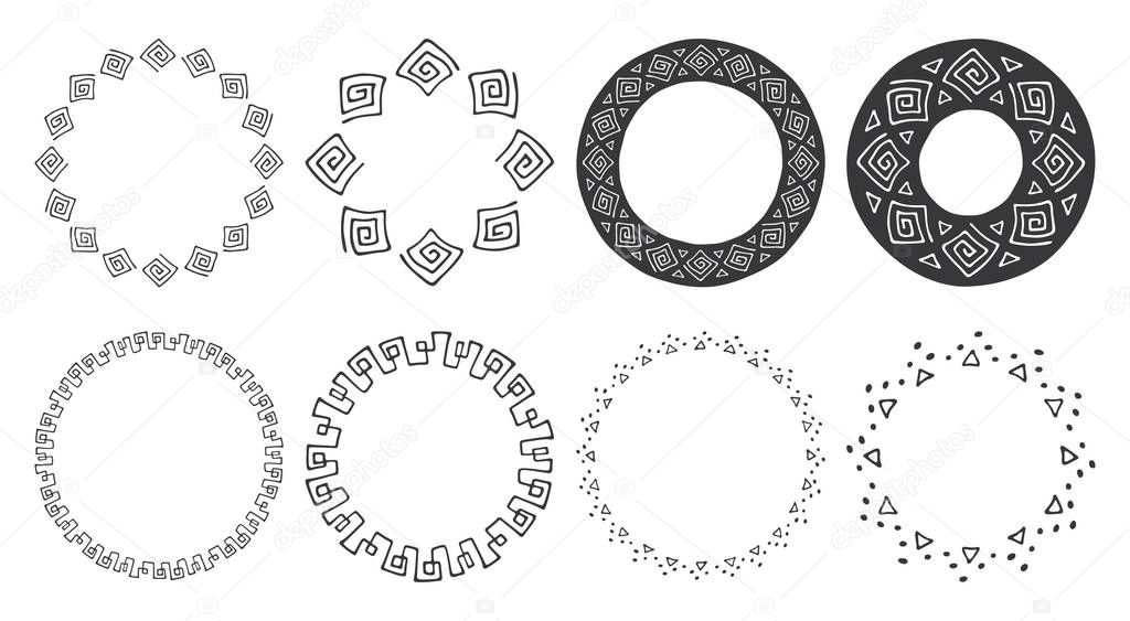 Set of hand drawn round frames. Tribal and geomeric decorative design elements. Circle ornaments. Hand drawn clip art.
