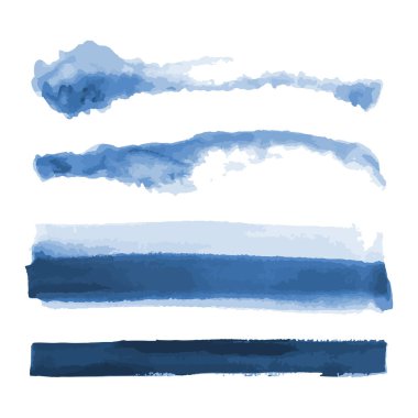 Koyu mavi suluboya şekilleri, lekeler, boya fırça sıyrıkları. Soyut suluboya doku arka planlar ayarlayın. Derin mavi. Lacivert. Beyaz arka planda izole edilmiş. Vektör çizimi.