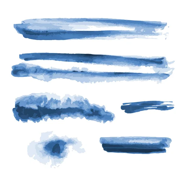 Diepblauwe aquarel vormen, splotches, vlekken, verf penseelstreken. Abstract aquarel textuur achtergronden set. Diep blauw. Navy blauw. Geïsoleerd op witte achtergrond. Vector illustratie. — Stockvector