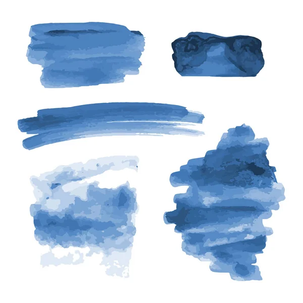 Deep Blue akvarell former, splotches, fläckar, måla penseldrag. Abstrakt akvarell textur bakgrunder set. Djupblå. Marinblå. Isolerad på vit bakgrund. Vektor illustration. — Stock vektor