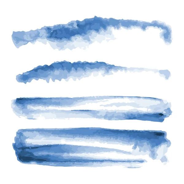 深い青い水彩画、斑点、汚れ、ペイントブラシストローク。抽象的な水彩画のテクスチャの背景セット。深い青紺。白い背景に隔離されています。ベクトルイラスト. — ストックベクタ