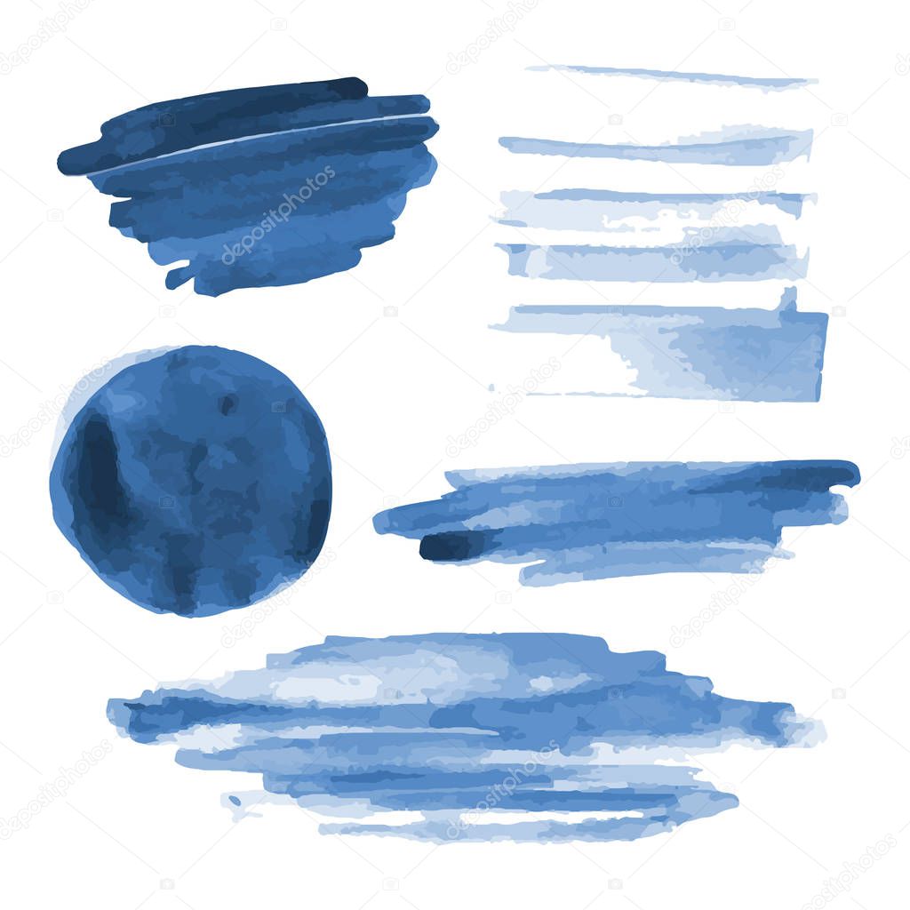 Deep blue watercolor shapes, splotches, stains, paint brush strokes. Abstract watercolor texture backgrounds set. Deep blue. Navy blue. Isolated on white background. Vector illustration.