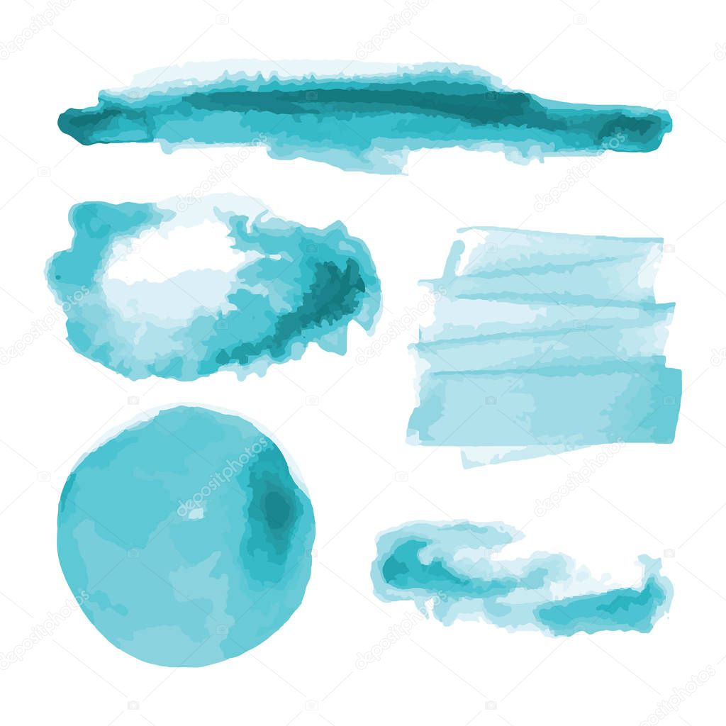 Turquoise, light blue watercolor shapes, splotches, stains, paint brush strokes. Abstract watercolor texture backgrounds set. Isolated on white background. Vector illustration.
