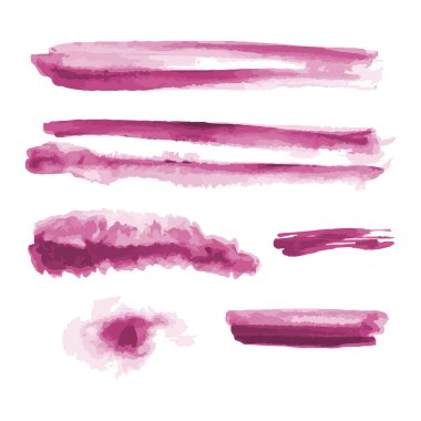 Pink watercolor shapes, splotches, stains, paint brush strokes. Abstract watercolor texture backgrounds set. Isolated on white background. Vector illustration. clipart