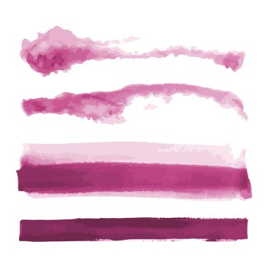 Pembe suluboya şekilleri, lekeler, boya fırça sıyrıkları. Soyut suluboya doku arka planlar ayarlayın. Beyaz arka planda izole edilmiş. Vektör çizimi.