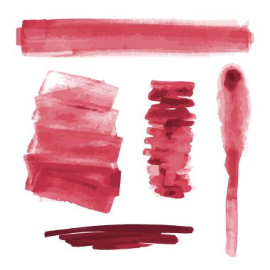 Kırmızı suluboya şekilleri, lekeler, lekeler, boya fırçası darbeleri. Soyut suluboya doku arka planlar ayarlayın. Beyaz arka planda izole edilmiş. Vektör çizimi.