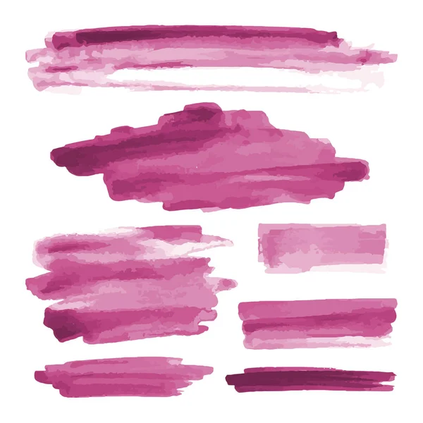 Pinkfarbene Aquarellformen, Flecken, Flecken, Pinselstriche. abstrakte Aquarell Textur Hintergründe gesetzt. isoliert auf weißem Hintergrund. Vektorillustration. — Stockvektor