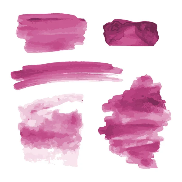 Pink akvarel figurer, splotches, pletter, maling penselstrøg. Abstrakt akvarel tekstur baggrunde sæt. Isoleret på hvid baggrund. Vektorillustration . – Stock-vektor