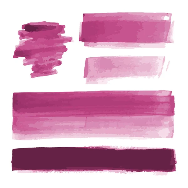 Roze aquarel vormen, splotches, vlekken, verf penseelstreken. Abstract aquarel textuur achtergronden set. Geïsoleerd op witte achtergrond. Vector illustratie. — Stockvector