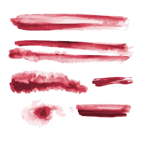 Red watercolor shapes, splotches, stains, paint brush strokes. Abstract watercolor texture backgrounds set. Isolated on white background. Vector illustration. — Stock Vector