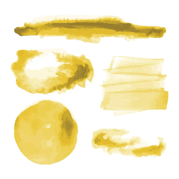 Żółte złote kształty akwareli, plamy, farby, pociągnięcia pędzlem. Streszczenie akwarela tekstura tła zestaw. Izolowane na białym tle. Ilustracja wektorowa. — Wektor stockowy