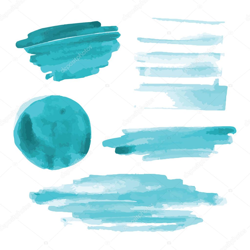 Turquoise, light blue watercolor shapes, splotches, stains, paint brush strokes. Abstract watercolor texture backgrounds set. Isolated on white background. Vector illustration.