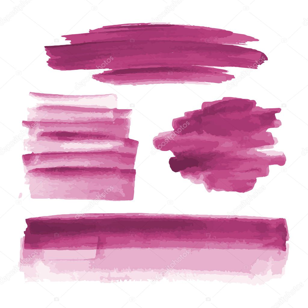 Pink watercolor shapes, splotches, stains, paint brush strokes. Abstract watercolor texture backgrounds set. Isolated on white background. Vector illustration.