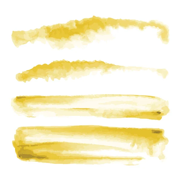 Yellow gold watercolor shapes, splotches, stains, paint brush strokes. Abstract watercolor texture backgrounds set. Isolated on white background. Vector illustration. — Stock Vector