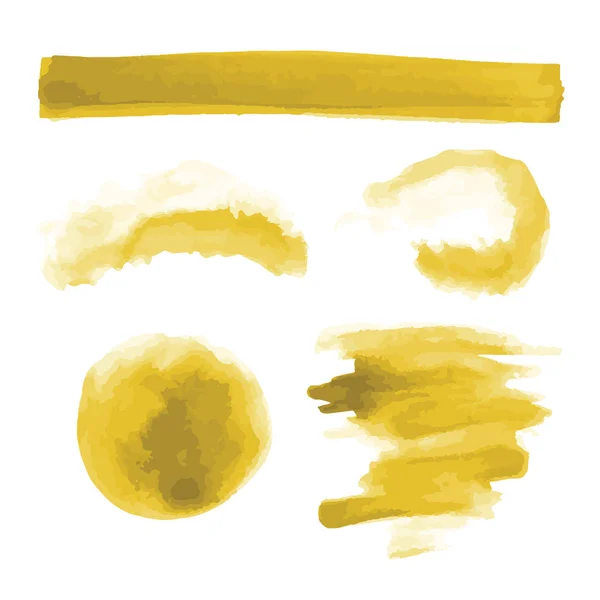 Oro amarillo acuarela formas, manchas, manchas, pinceladas. Conjunto de fondos de textura de acuarela abstracta. Aislado sobre fondo blanco. Ilustración vectorial . — Vector de stock