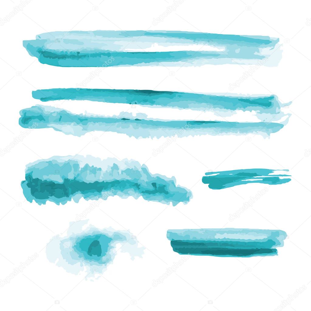 Turquoise, light blue watercolor shapes, splotches, stains, paint brush strokes. Abstract watercolor texture backgrounds set. Isolated on white background. Vector illustration.