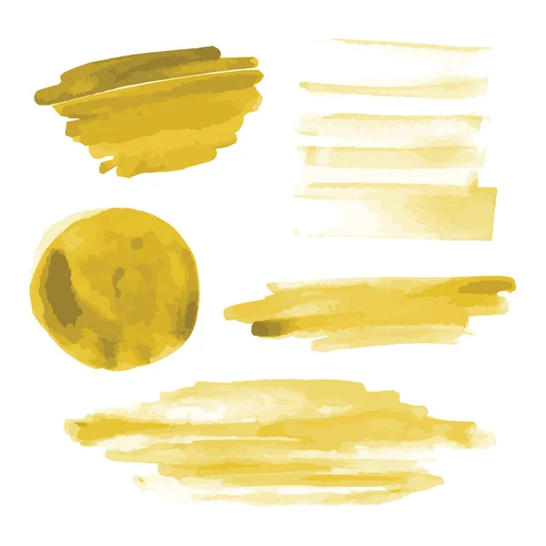 Yellow gold watercolor shapes, splotches, stains, paint brush strokes. Abstract watercolor texture backgrounds set. Isolated on white background. Vector illustration.