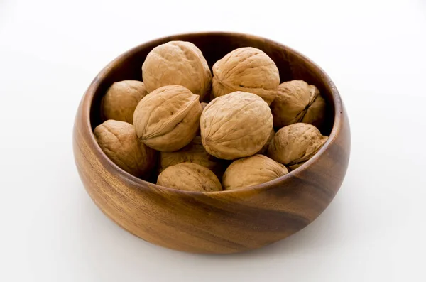 Walnut Wooden Bowl White Background — Stock Photo, Image