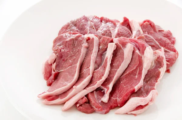 Raw Lamb Meat White Plate White Background — Stok fotoğraf