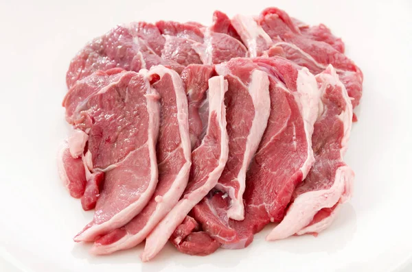 Raw Lamb Meat White Plate White Background — 图库照片