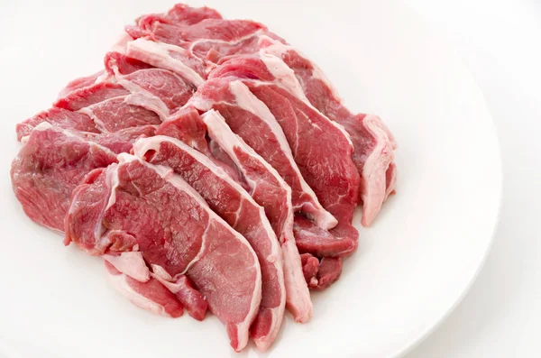 Raw Lamb Meat White Plate White Background — Φωτογραφία Αρχείου